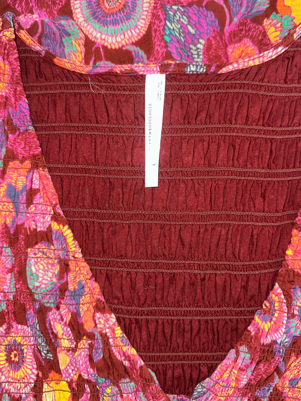 Anthropologie The Peregrine Smocked Floral V-Neck Ruffle Dress Wine Floral - Picture 11 of 13